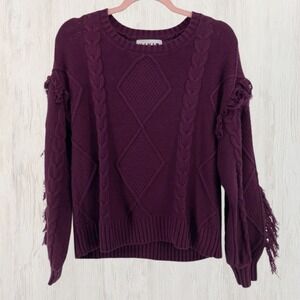 Kikit Cable Knit Sweater Women M Purple Fringe Sleeve Chunky Knit Boho Western
